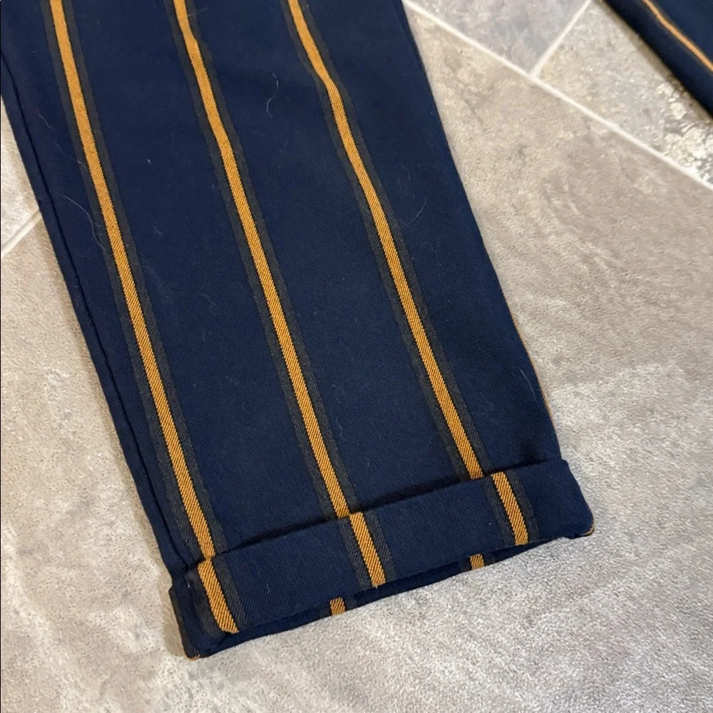 Zara Dark Navy Orange Striped Paperbag Tie Waist Ankle Cropped Pants Sz M - Picture 2 of 10